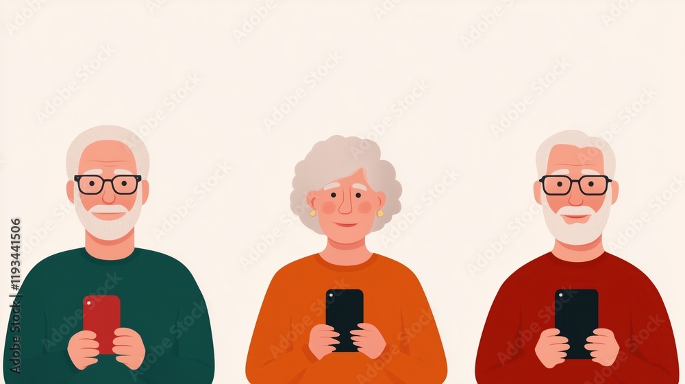 Naklejka premium Senior Tech Workshop Illustration with Elderly Learners Using Smartphones in a Minimalist Style
