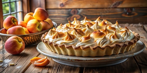 A rustic wooden table setting features a freshly baked pie with a golden crust and a fluffy meringue topping, accompanied by a bowl of ripe peaches and a single slice of peach resting on the table.