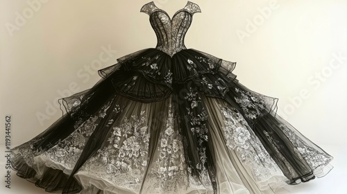 A fashion sketch of a couture ball gown with layers of tulle, lace detailing, and a sweetheart neckline, illustrating the grandeur and intricate design of high fashion. photo