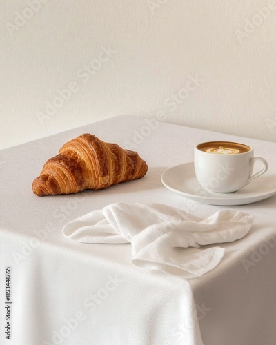 Indulging in a cozy breakfast croissant and espresso delight in a bright minimalist kitchen aesthetic