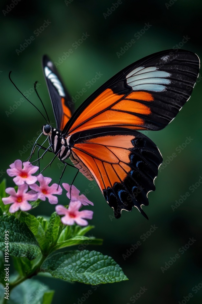 Naklejka premium A vibrant orange butterfly perched on pink flowers, showcasing intricate wing patterns against a blurred green background.