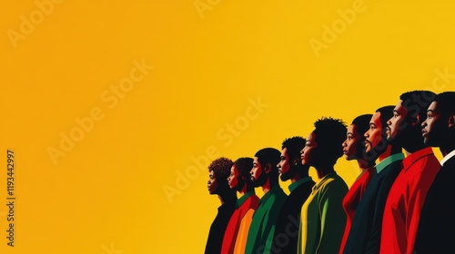 National black history month celebration. Diverse, Unity.  African American People in Vibrant Red, Yellow, Green. photo