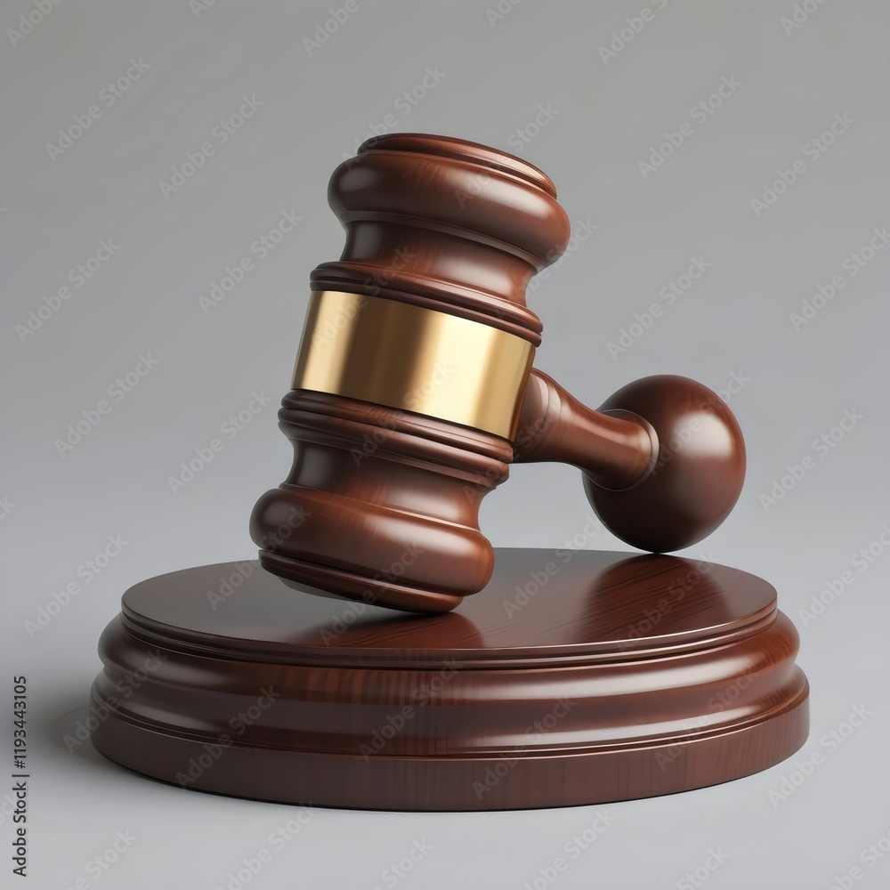 Wooden Gavel with Golden Band Resting on Circular Wooden Sound Block, Representing Judicial System, Law, and Justice in Courtroom Setting Wooden Gavel with Golden Band Resting on Circular Wooden Sound Block, Representing Judicial System, Law, and Justice in Courtroom Setting
