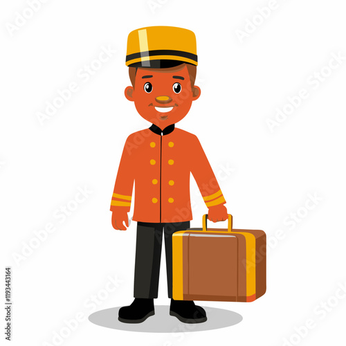 Cheerful young black bellboy holding a suitcase in a hotel environment,Vector Illustration