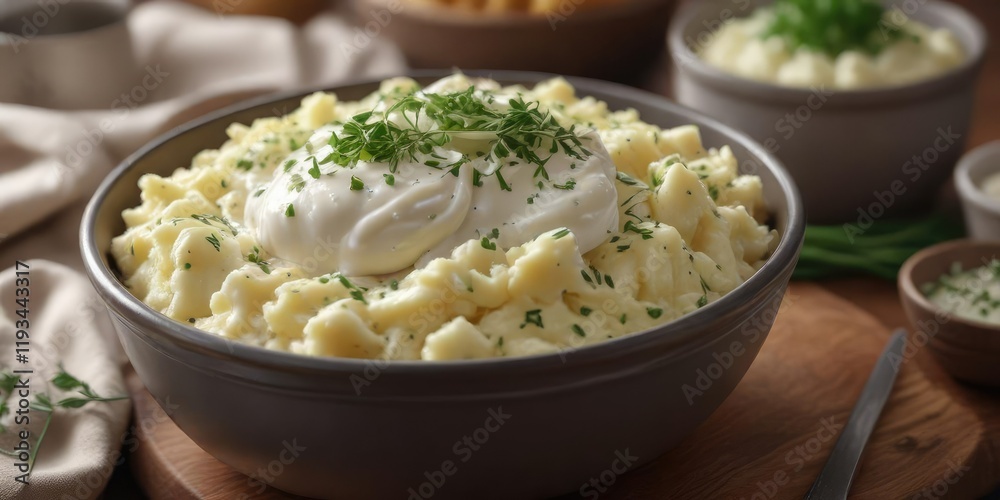 A steaming hot bowl of mashed potatoes topped with a dollop of sour cream and chopped chives, comforting food, savory dish, A steaming hot bowl of mashed potatoes topped with a dollop of sour cream and chopped chives, comforting food, savory dish,