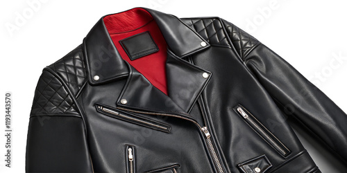 Foto The folded black leather jacket, a classic garment for the modern businessman, hangs neatly on a hanger, showcasing its elegant style and luxurious fabric, the black leather bicker jacket