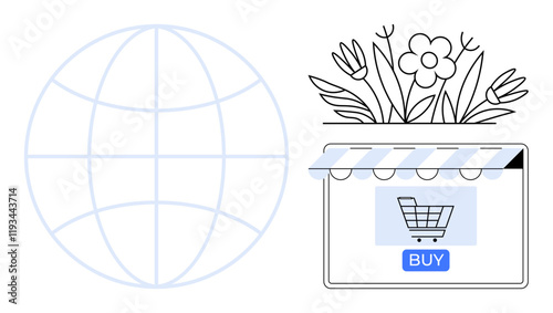 Globe symbolizing connectivity next to a storefront window with a shopping cart icon and BUY button beneath flowers. Ideal for e-commerce, global trade, online shopping, digital marketing