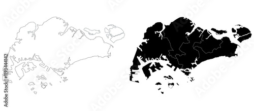 Photography Singapore map, Singapore outline and districts administration map set - illustra