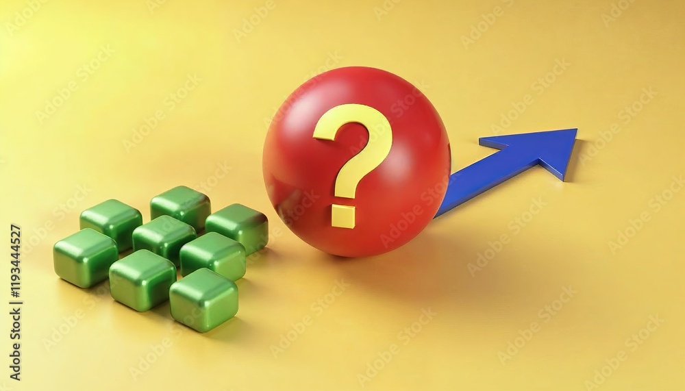 Red sphere with a question mark, green metallic cubes, blue arrows,symbolic of decision-making, uncertainty, and strategy Red sphere with a question mark, green metallic cubes, blue arrows,symbolic of decision-making, uncertainty, and strategy
