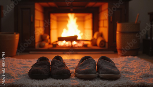 Minimalist Slippers Side by Side on a Hearthrug by a Crackling Fireplace photo