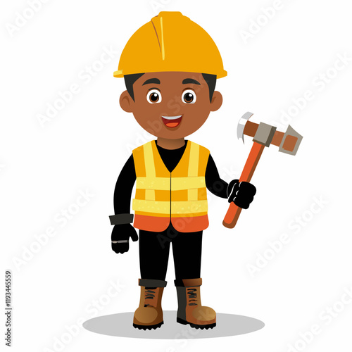 Young African boy with a cheerful expression holding a hammer in a construction setting, Vector Illustration