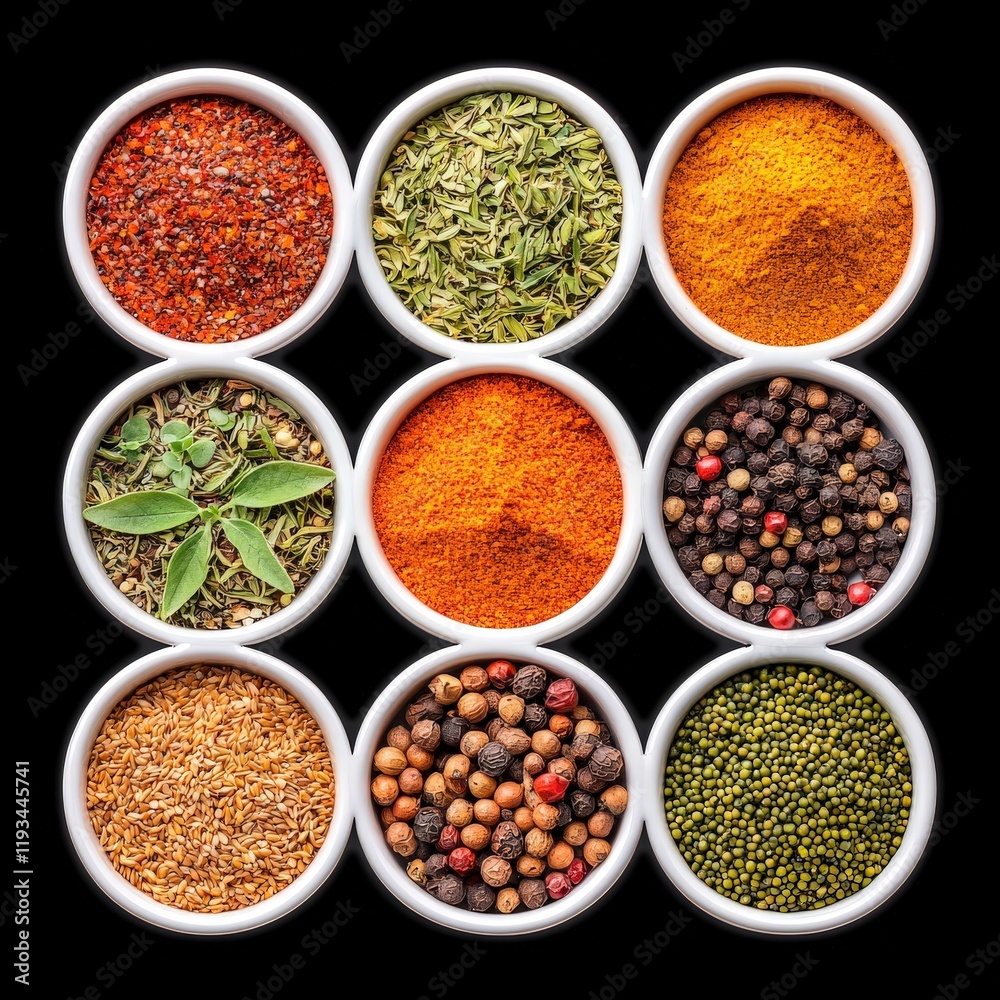 A vibrant collection of spices in white bowls, showcasing a variety of colors and textures, perfect for culinary inspiration. A vibrant collection of spices in white bowls, showcasing a variety of colors and textures, perfect for culinary inspiration.