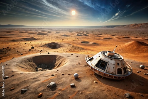 An abandoned or crashed spacecraft on a distant barren surface with scattered debris and a massive crater nearby, metallic scrap, destroyed spacecraft, lunar wreckage