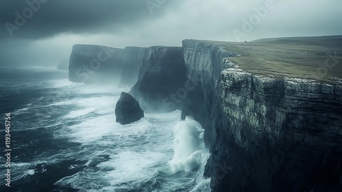 Dramatic Coastal Cliffs With Crashing Waves Under Stormy Skies photo