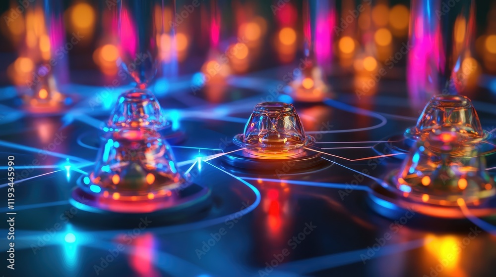 A futuristic quantum network with interconnected quantum computers, securely transferring data via quantum entanglement A futuristic quantum network with interconnected quantum computers, securely transferring data via quantum entanglement