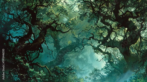 Wallpaper Mural A mystical forest scene filled with twisting, gnarled trees that stretch out in intricate patterns. Soft beams of light filter through the dense foliage, casting an ethereal glow over the landscape. S Torontodigital.ca