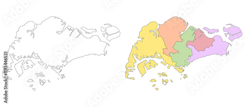 Photography Singapore map, Singapore outline and districts administration map set - illustra
