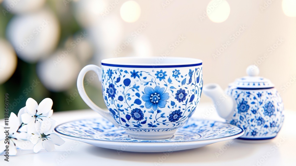A delicate porcelain tea set featuring intricate blue floral patterns, accompanied by a matching saucer and decorative flowers, perfect for tea parties, elegant dining, or promotional material, A delicate porcelain tea set featuring intricate blue floral patterns, accompanied by a matching saucer and decorative flowers, perfect for tea parties, elegant dining, or promotional material,