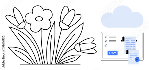 Blooming flowers with petals and leaves alongside a cloud storage connection above a digital payment receipt. Ideal for technology, eco-friendly concepts, finance, digital transactions, nature-tech