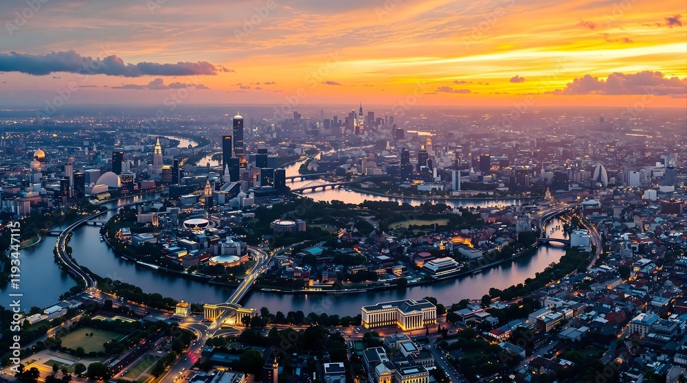 Obraz premium Aerial view of a city with river at twilight