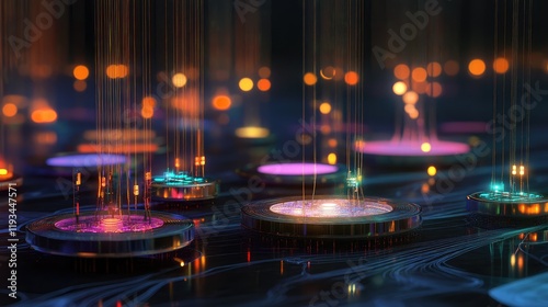 A futuristic quantum sensor network, where multiple quantum sensors are connected to monitor and collect highly precise data across diverse environments
