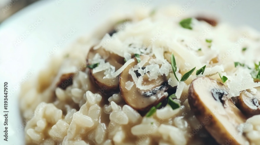 Close-up of rice and mushroom risotto with parmesan cheese and herbs in a white ceramic bowl, emphasizing creamy and flavorful qualities. Ideal for gourmet recipes and cozy dinners. Close-up of rice and mushroom risotto with parmesan cheese and herbs in a white ceramic bowl, emphasizing creamy and flavorful qualities. Ideal for gourmet recipes and cozy dinners.