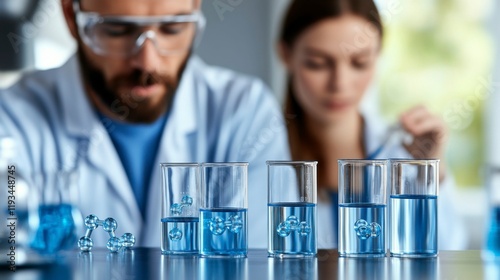 A detailed shot of a biochemistry lab with drug formulation research, showcasing visible molecular models and clear space for promotional content or captions. photo