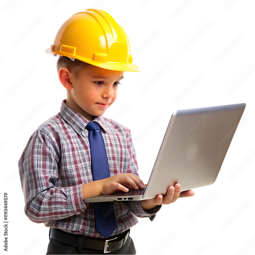 Cute Child Engineer Using Laptop Digital Future boy kid work young smart image helmet Cute Child Engineer Using Laptop Digital Future boy kid work young smart image helmet