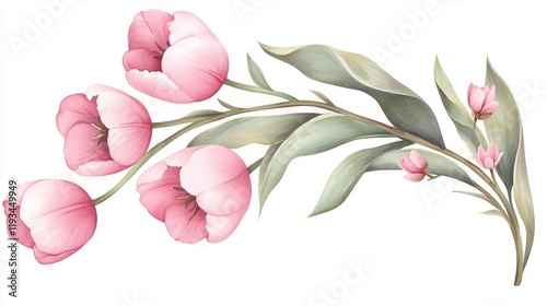 Elegant Pink Tulips with Delicate Green Leaves in Soft Pastel Shades