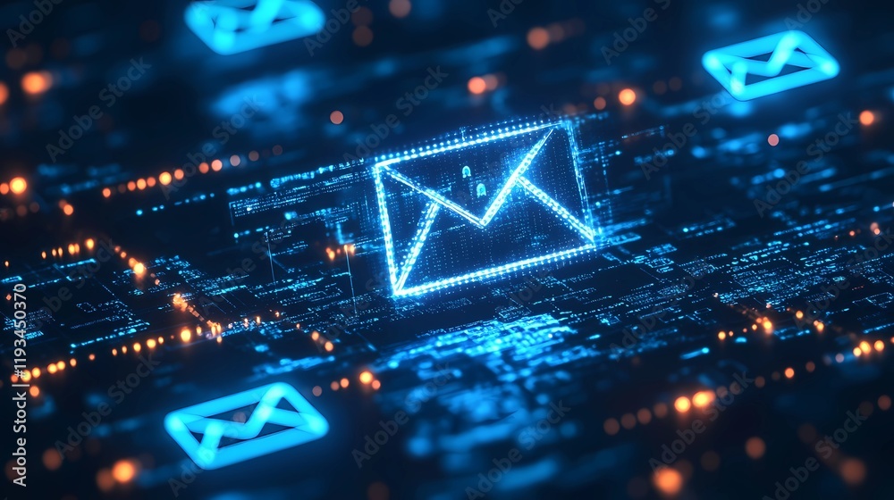 Cybersecurity concept with locked email icon ensuring safe data sharing and encrypted electronic communication, digital protection theme, book illustration style Cybersecurity concept with locked email icon ensuring safe data sharing and encrypted electronic communication, digital protection theme, book illustration style