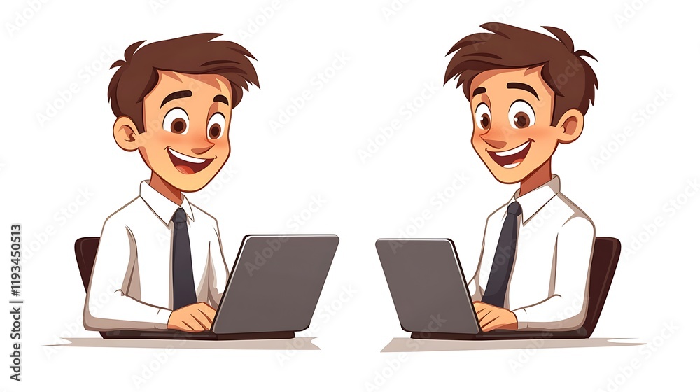 Two happy cartoon businessmen using laptops. Two happy cartoon businessmen using laptops.