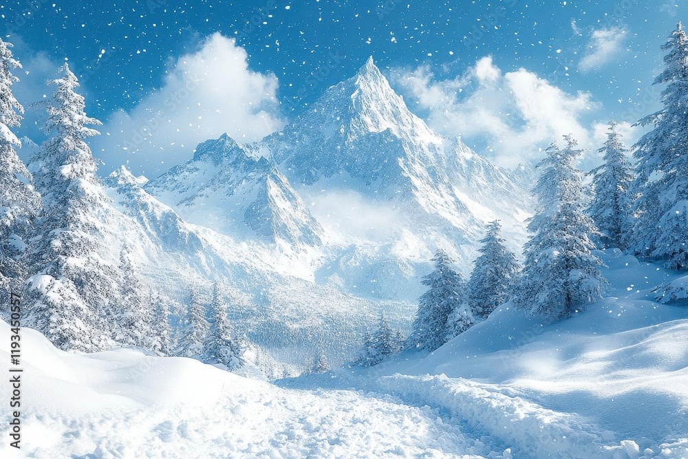 Obraz premium snowy mountain landscape featuring majestic peaks under a bright blue sky, winter wonderland adorned with sparkling snowflakes blanketing the terrain, showcasing a peaceful and crisp atmosphere