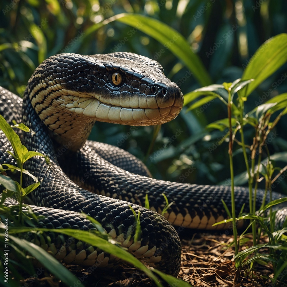 A snake has a magical power that it only reveals in times of danger. What could it be? A green and black snake with yellow stripes, looking to the right, with its head raised above the green grass.
A snake has a magical power that it only reveals in times of danger. What could it be? A green and black snake with yellow stripes, looking to the right, with its head raised above the green grass.