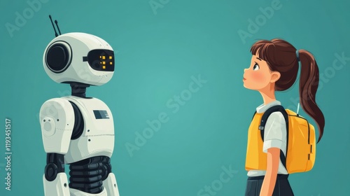 A Young Girl Stands in Awe Before a Friendly Robot with a Backpack in a Modern Classroom Setting Illustrating the Future of Technology and Education