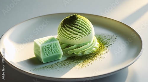 A minimalist plate featuring a single scoop of matcha ice cream, dusted with matcha powder, accompanied by a small square of matcha-flavored mochi. photo