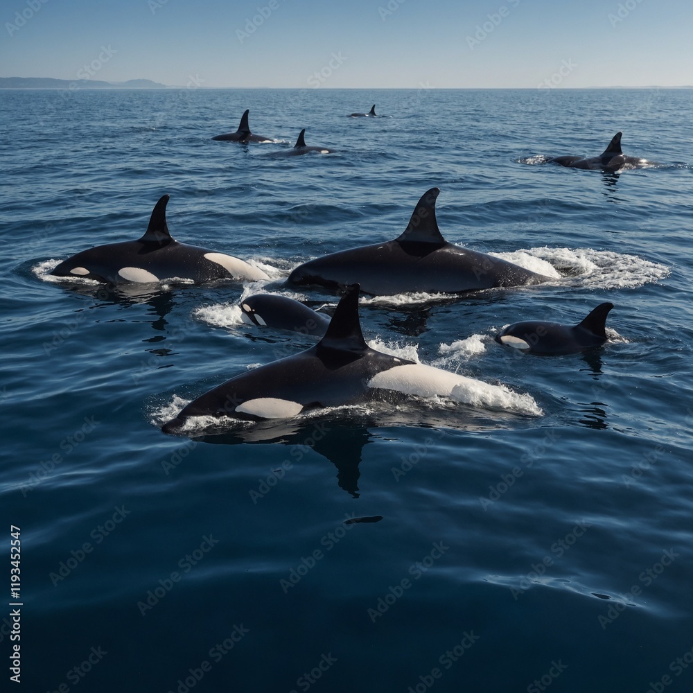 Fototapeta premium A pod of orcas swimming together in the pristine ocean. A pod of orcas cruising through calm, transparent seas.Groups of Orcas or killer whales swim and hunt for prey, the top of the food chain in