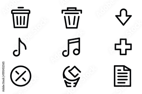 Minimalistic Black Line Vector Icon Set - Delete, Download, Music, Add, and Organize