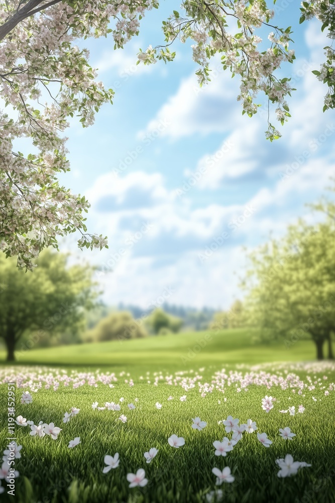 Blooming flowers in a vibrant green meadow under a blue sky with fluffy clouds Blooming flowers in a vibrant green meadow under a blue sky with fluffy clouds