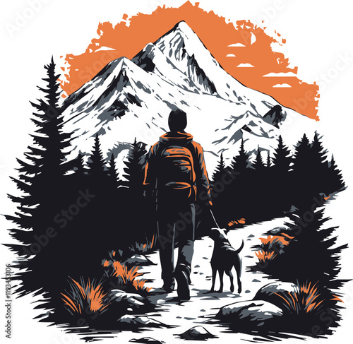 man dog goes in winter landscape with snow and trees