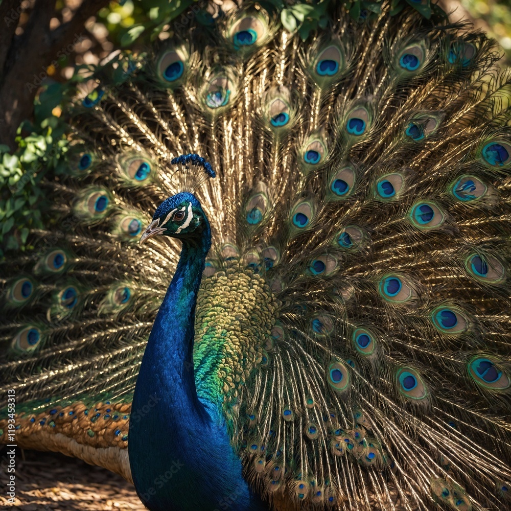 Obraz premium A vibrant peacock displaying its majestic tail feathers in the zoo garden. A peacock spreading its iridescent feathers in a lush green garden.A vibrant peacock displaying its feathers in a garden 