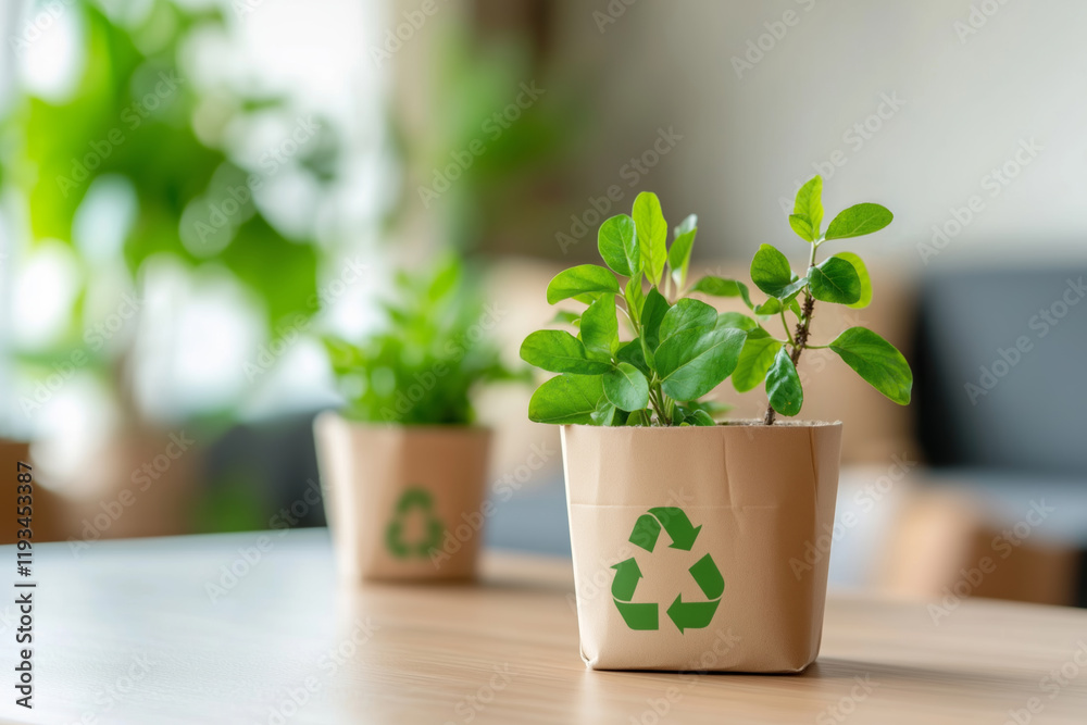 Fototapeta premium Indoor plants in recyclable cardboard pots with recycling symbols