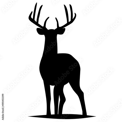 Deer silhouette isolated on white. Ruminant animal with long legs, large hooves, and antlers.