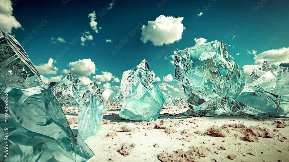 Glimmering ice formations against a backdrop of bright blue skies and fluffy clouds in an otherworldly landscape