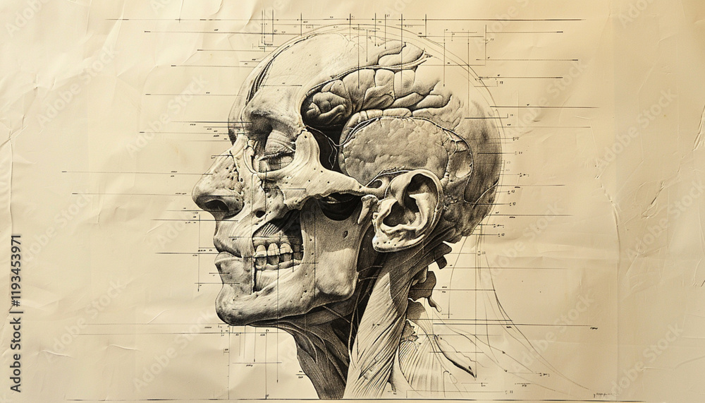 Fototapeta premium Medical Study of Human Skull Structure.Artistic Anatomical Sketch of the Head.Precision Medical Illustration of the Brain