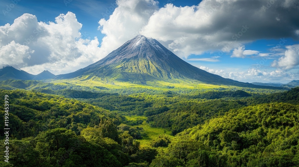 A vibrant landscape with a striking mountain peak and lush valleys below A vibrant landscape with a striking mountain peak and lush valleys below
