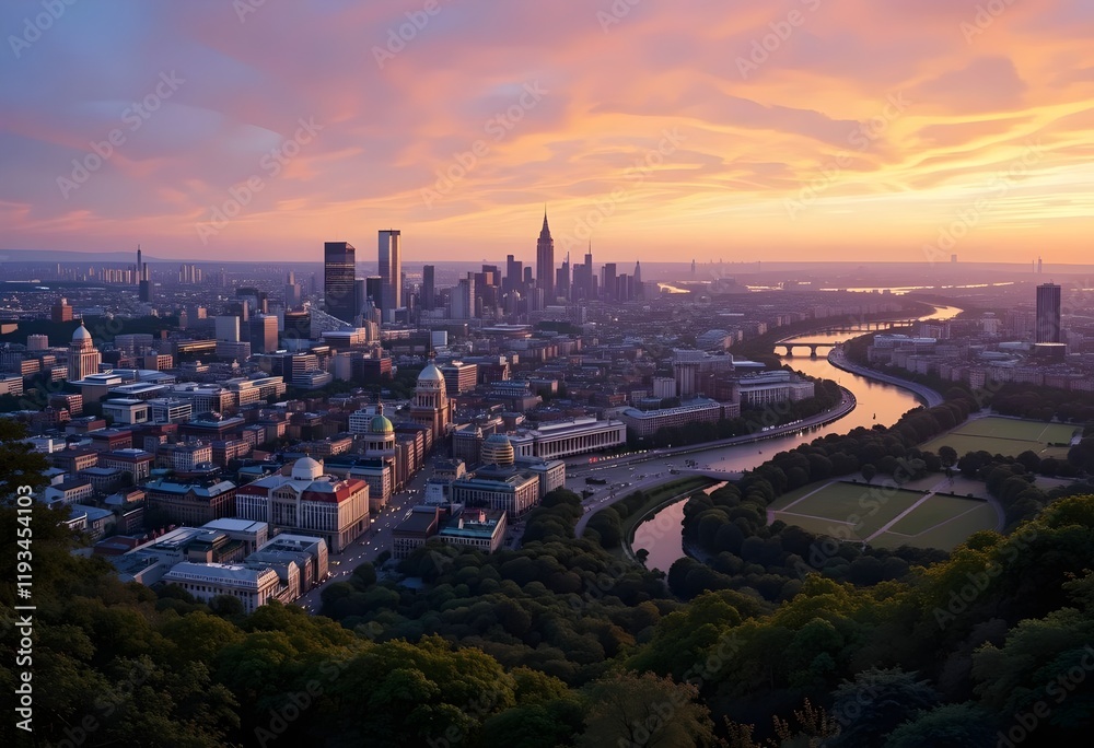 Obraz premium City view with river at sunset