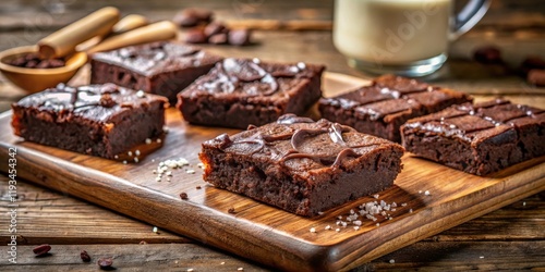 A close-up of freshly baked chocolate brownies, with a hint of salt and a glass of milk in the background, on a wooden cutting board, ready to be enjoyed.