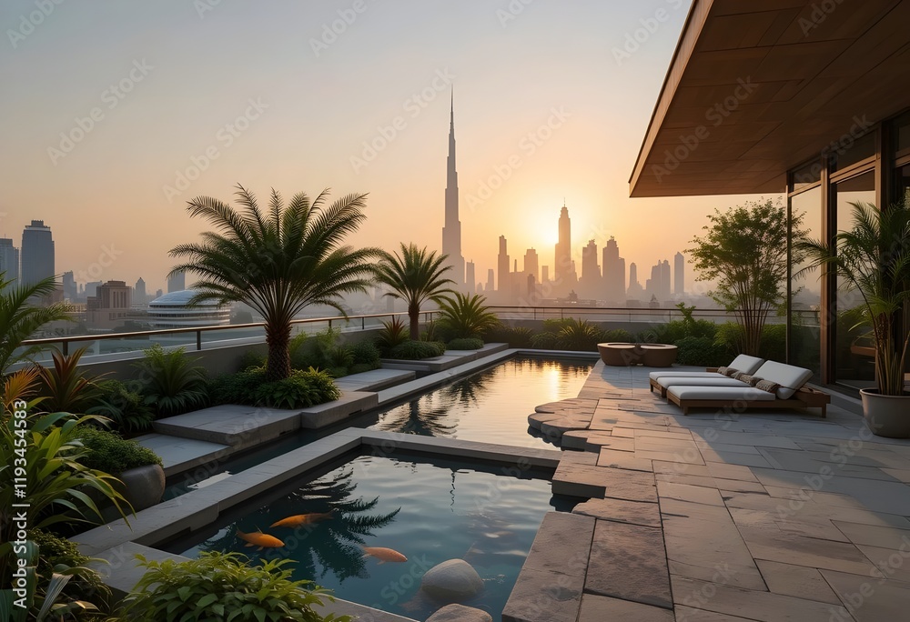 Fototapeta premium Rooftop pool with city skyline view at sunset