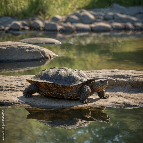 Turtle resting on a rock near a small waterfall Cuban slider (Trachemys decussata), turtle native to Cuba - Peninsula de Zapata National Park / Zapata Swamp, Cuba
 photo