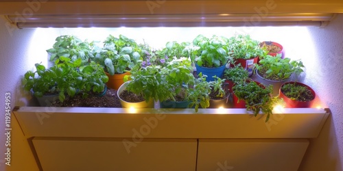 Indoor herb garden under grow lights, kitchen cabinet, homegrown basil photo